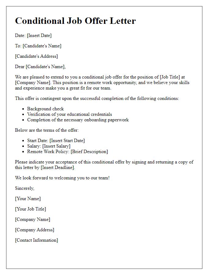 Letter template of conditional job offer for remote work opportunity.