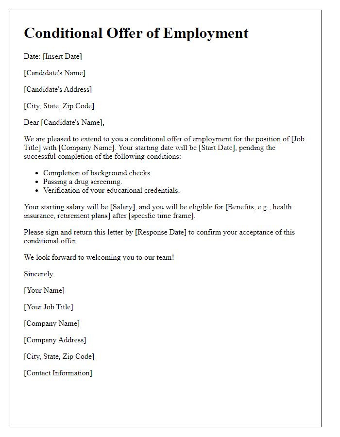Letter template of conditional offer for entry-level position.