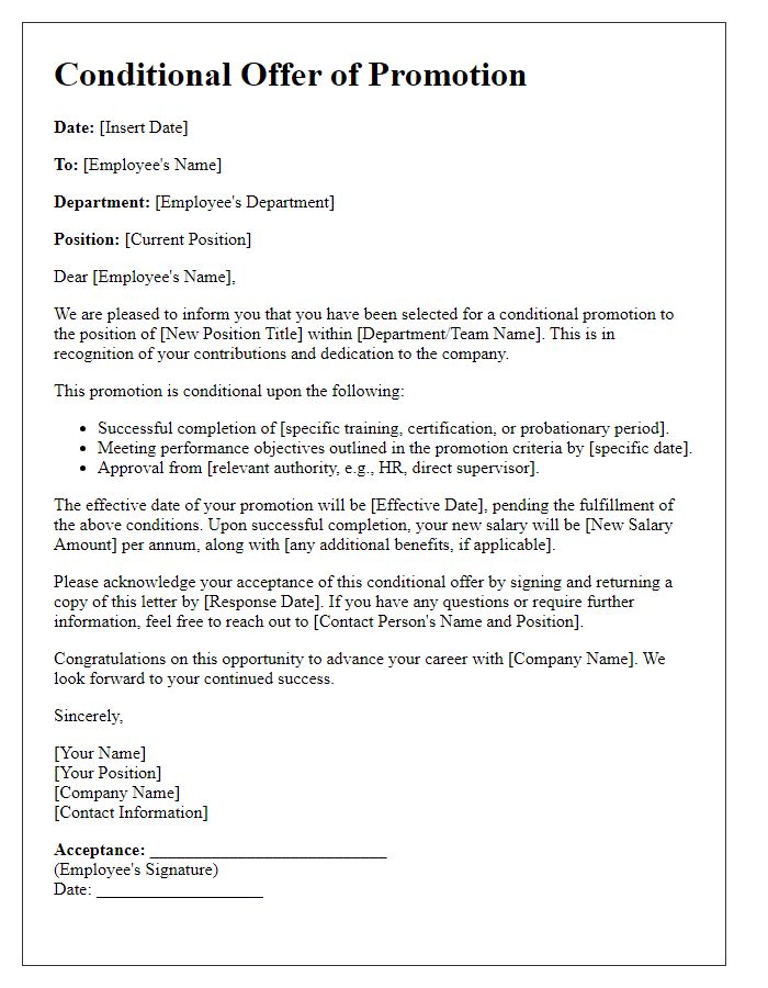 Letter template of conditional offer for promotional position.