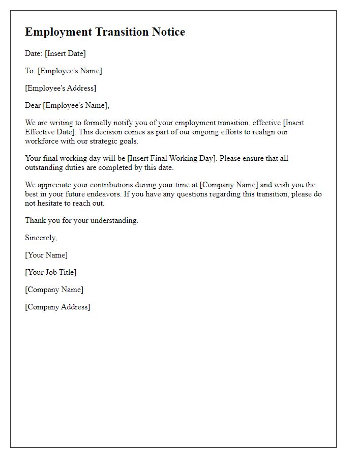 Letter template of Employment Transition Notice