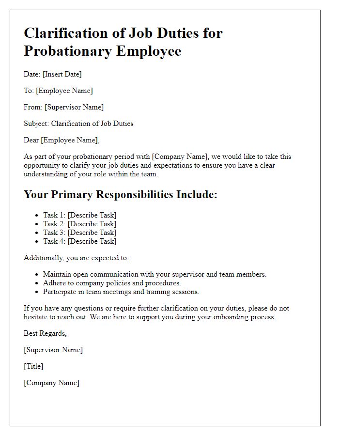 Letter template of clarifying job duties for probationary employees