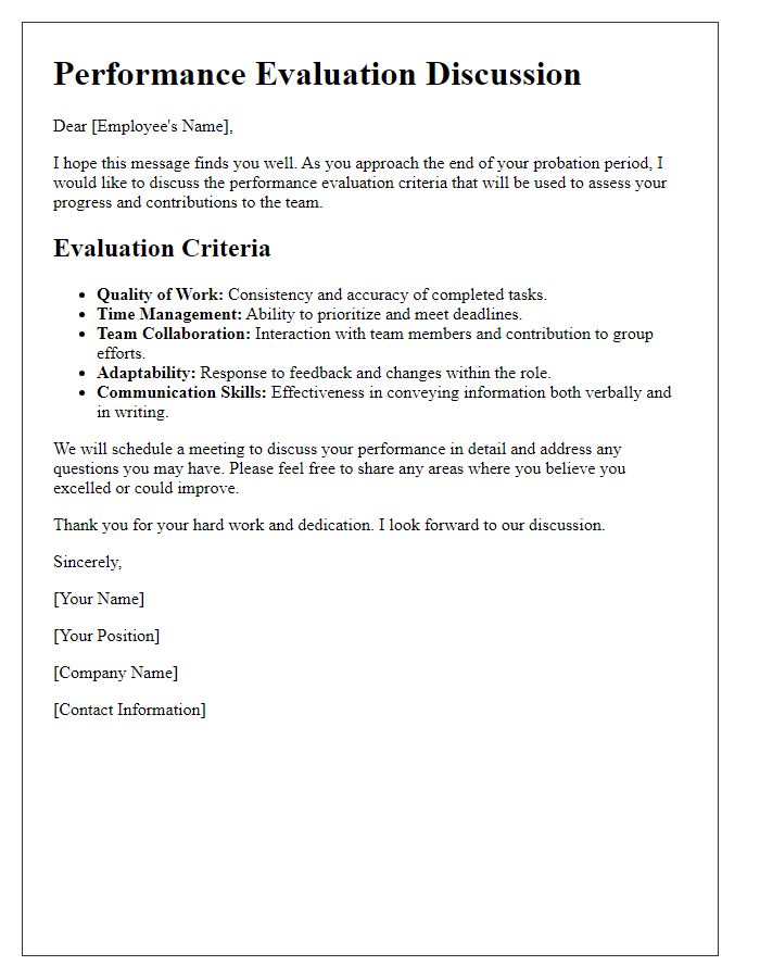 Letter template of discussing performance evaluation criteria in probation