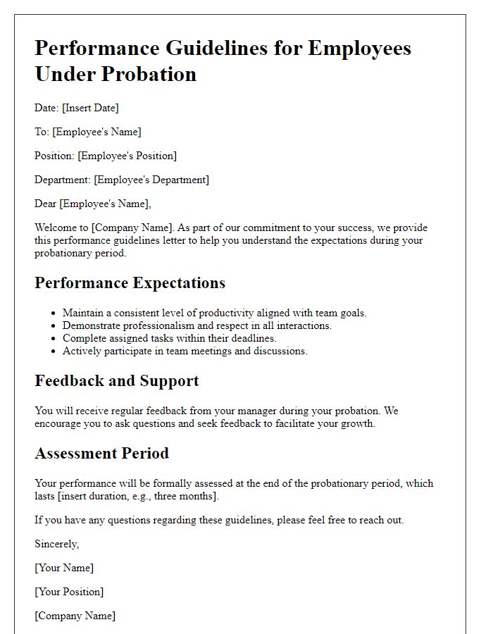 Letter template of performance guidelines for employees under probation