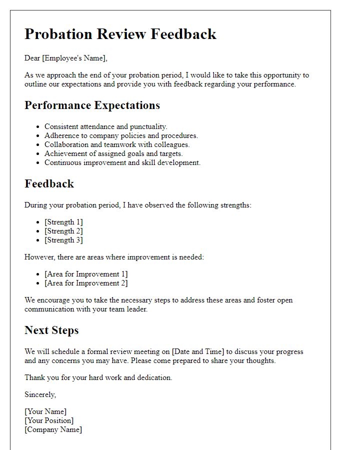 Letter template of probation review expectations and feedback