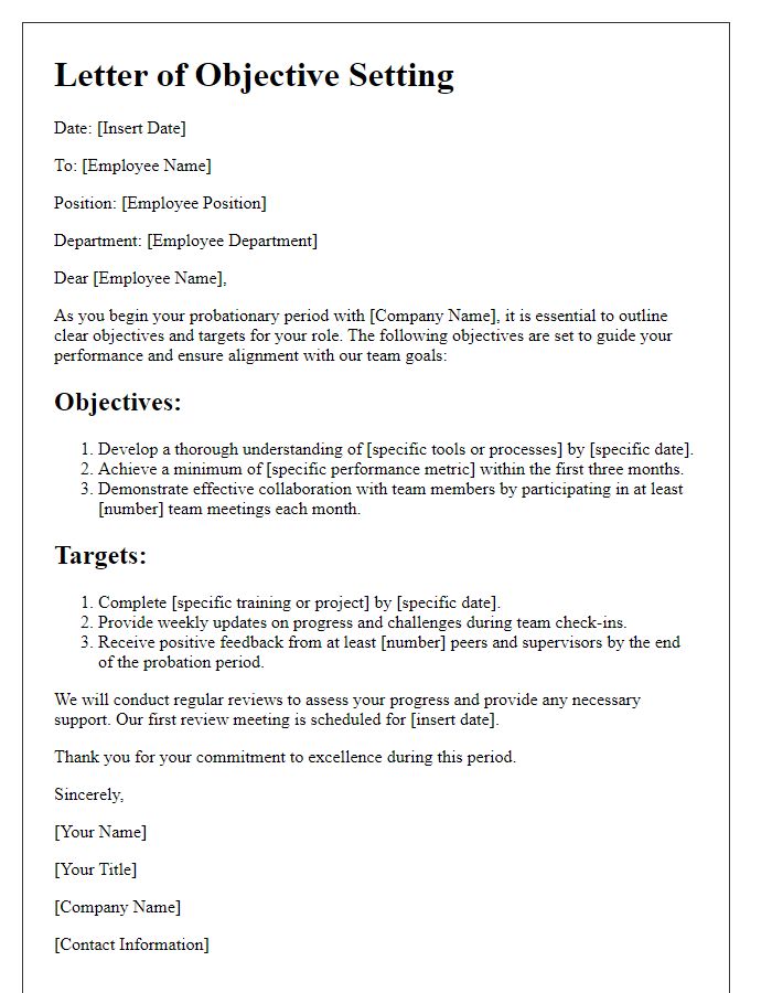 Letter template of setting objectives and targets for probationary staff