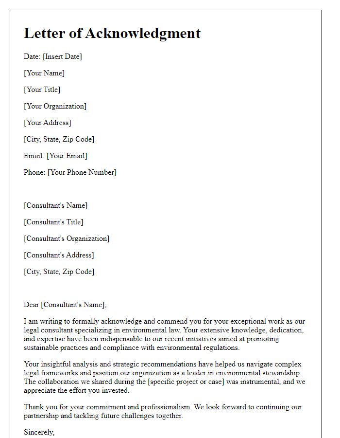 Letter template of acknowledgment for a legal consultant excelling in environmental law.