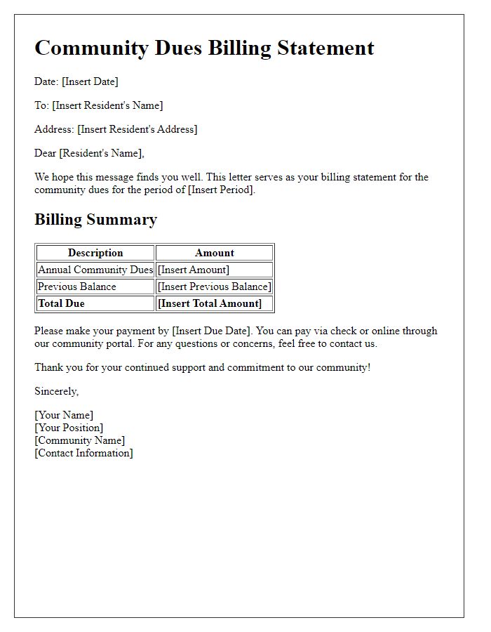 Letter template of community dues billing statement