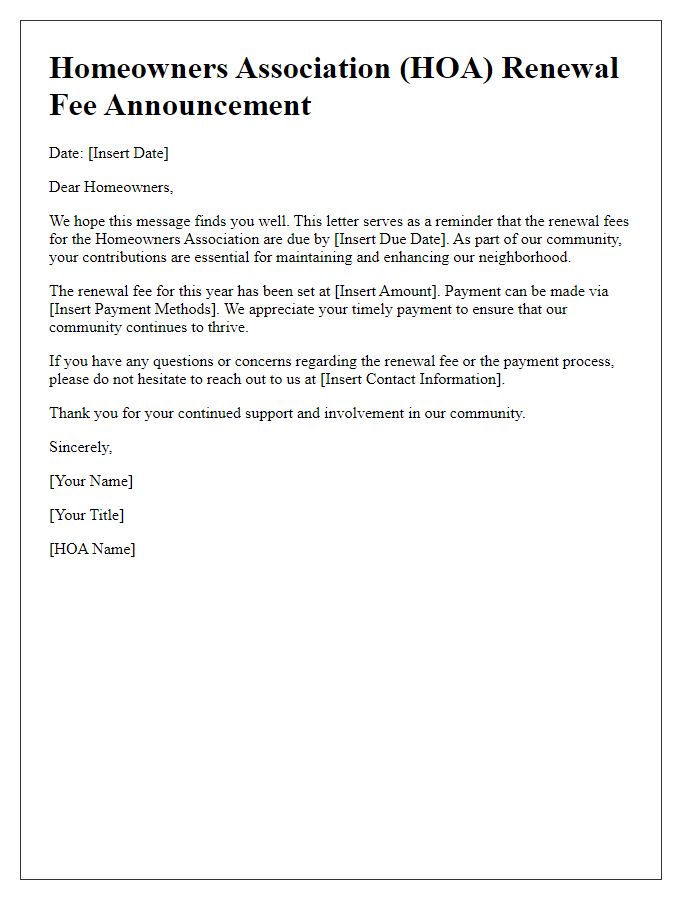 Letter template of HOA renewal fee announcement