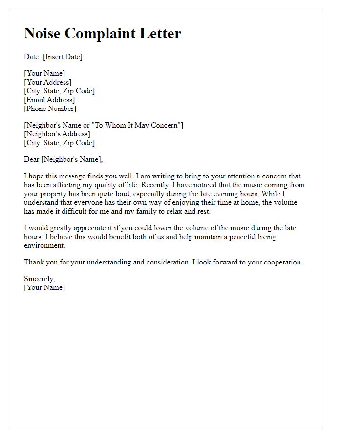 Letter template of noise complaint regarding loud music from neighbors