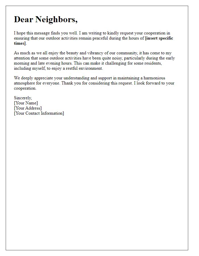 Letter template of request for quieter outdoor activities from neighbors