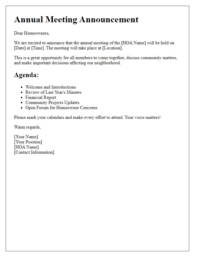 Letter template of HOA community newsletter for annual meeting announcements