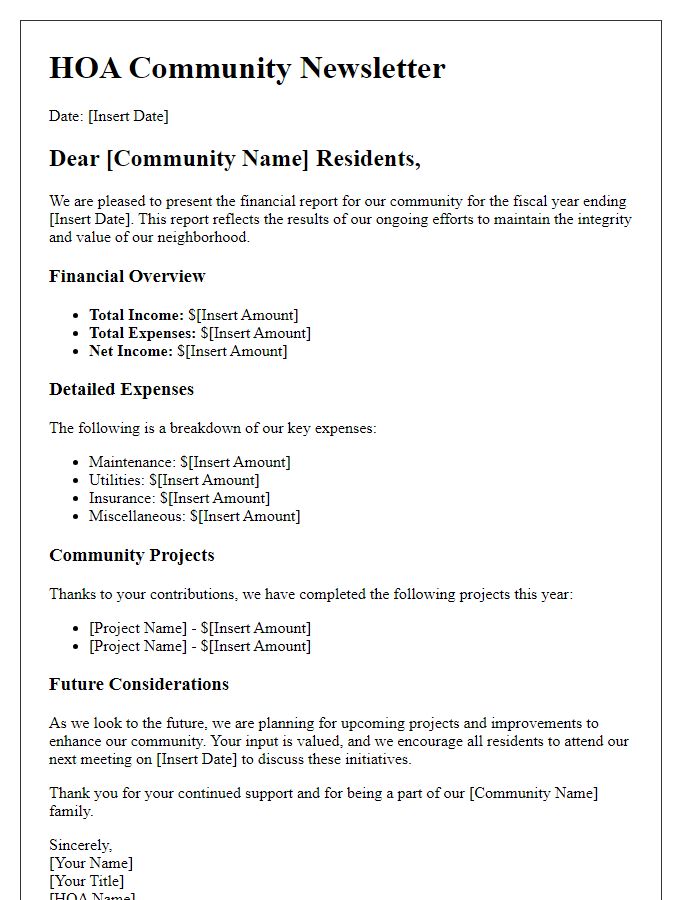 Letter template of HOA community newsletter for financial reports