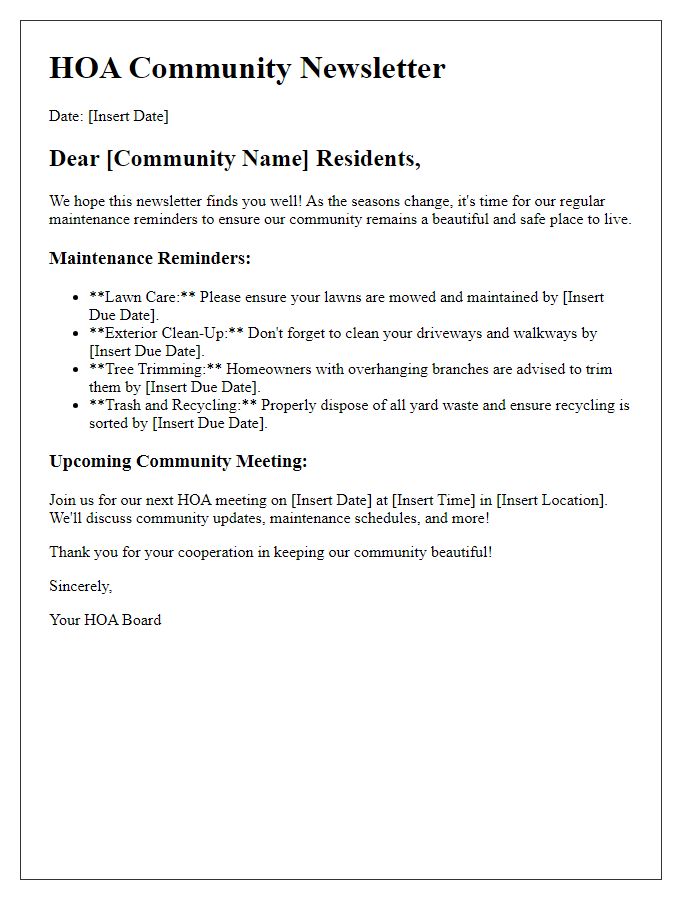 Letter template of HOA community newsletter for maintenance reminders