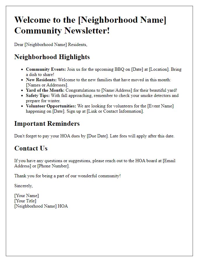 Letter template of HOA community newsletter for neighborhood highlights