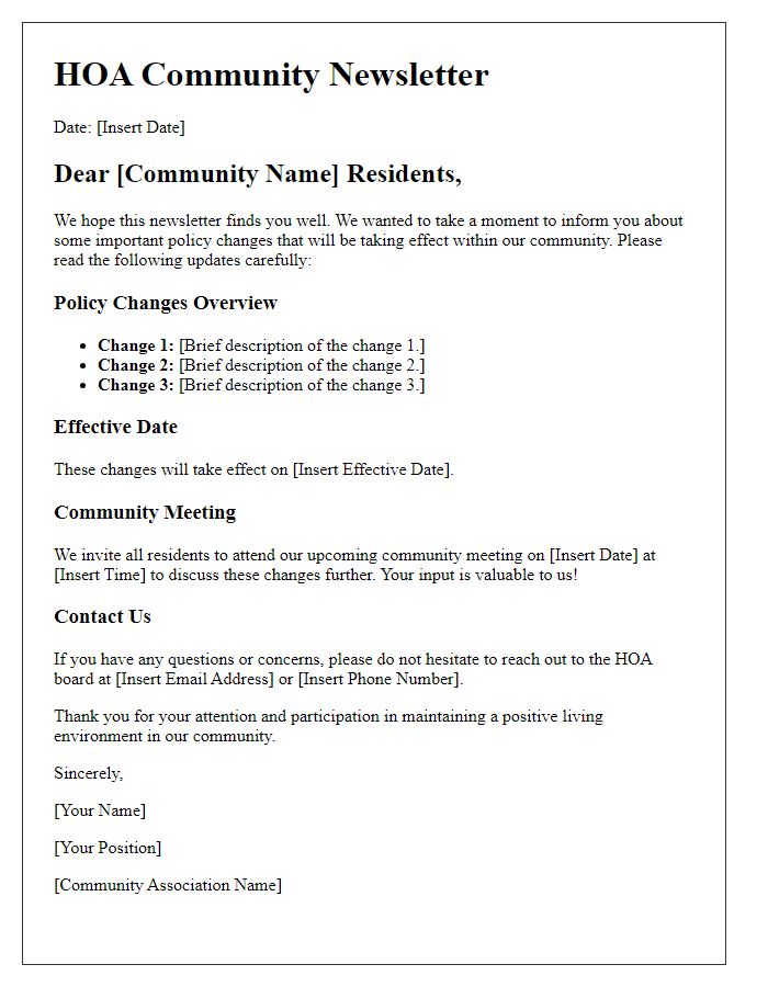 Letter template of HOA community newsletter for policy changes