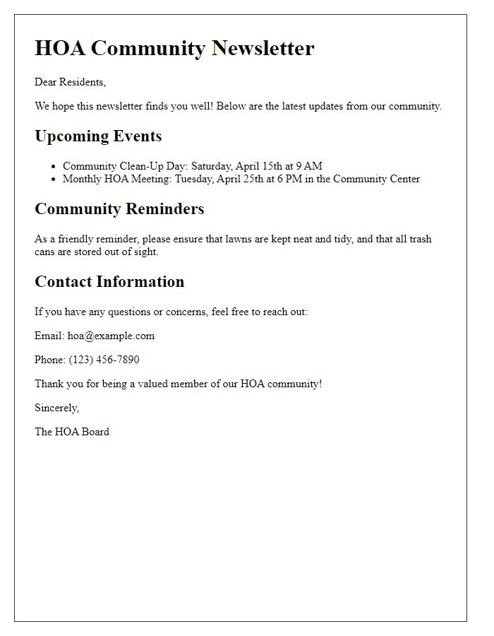 Letter template of HOA community newsletter for resident updates