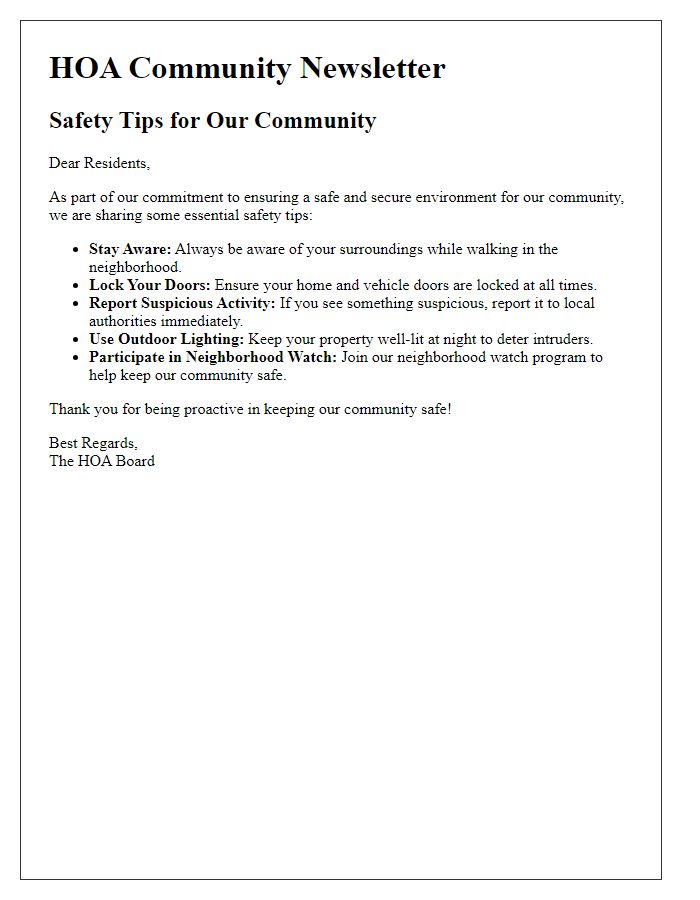 Letter template of HOA community newsletter for safety tips