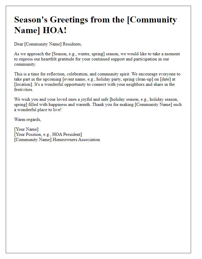 Letter template of HOA community newsletter for seasonal greetings