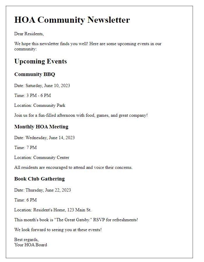 Letter template of HOA community newsletter for upcoming events