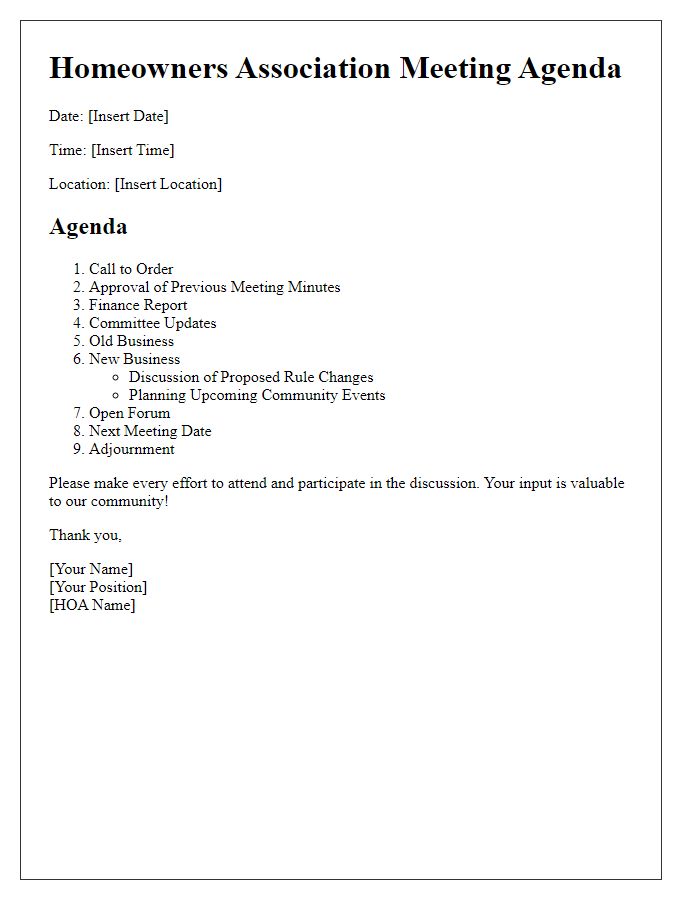 Letter template of HOA meeting agenda distribution