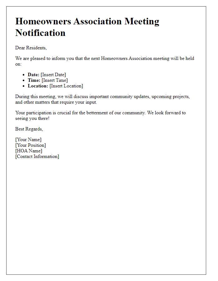 Letter template of HOA meeting notification for residents