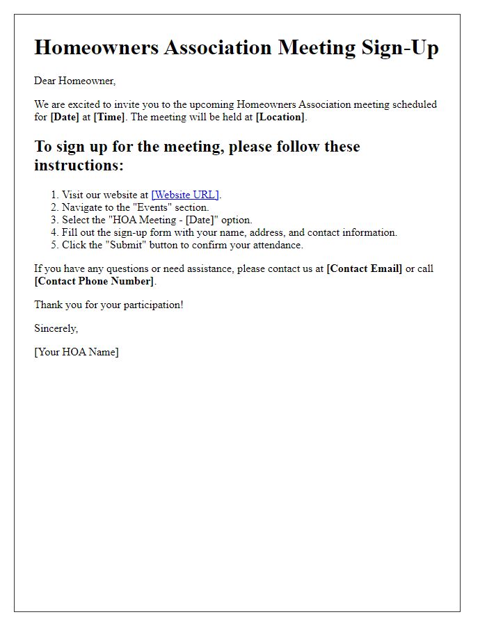 Letter template of HOA meeting sign-up instructions