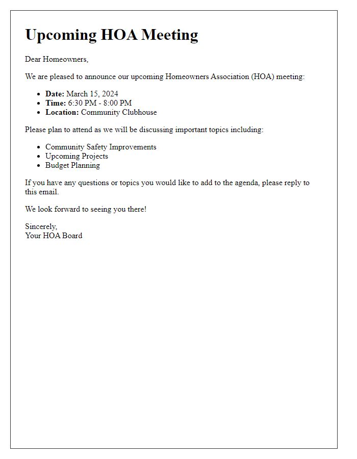 Letter template of upcoming HOA meeting details