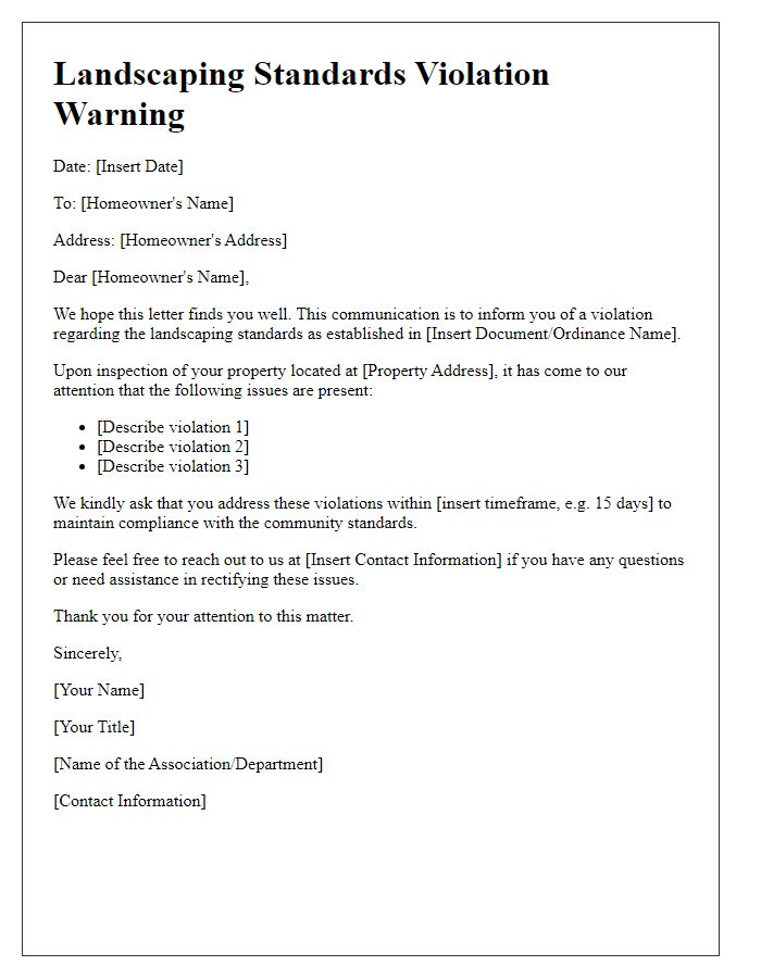 Letter template of landscaping standards violation warning