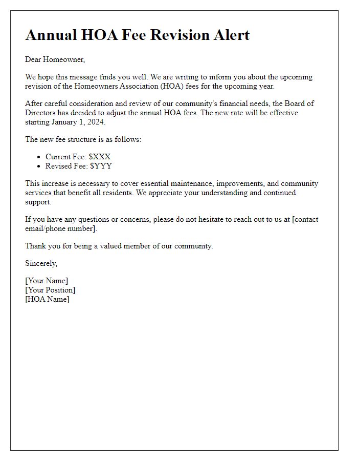 Letter template of annual HOA fee revision alert