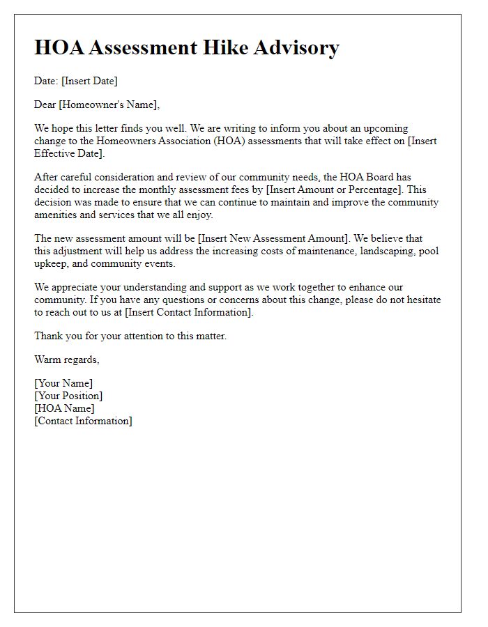 Letter template of HOA assessment hike advisory