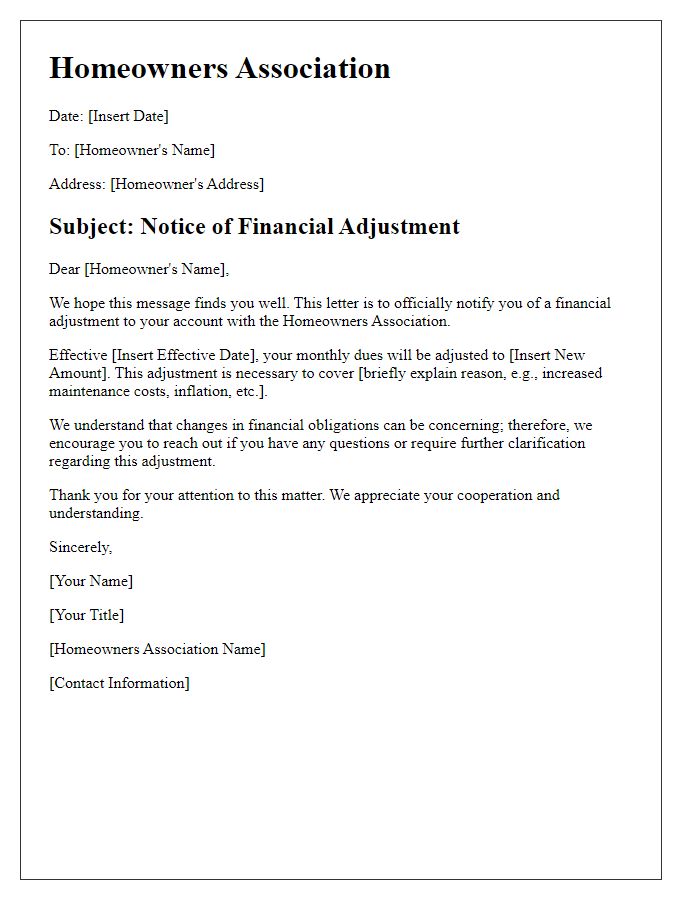 Letter template of HOA financial adjustment notice