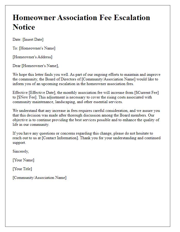 Letter template of homeowner association fee escalation letter