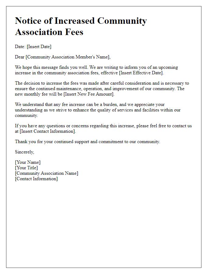 Letter template of increased community association fees notification