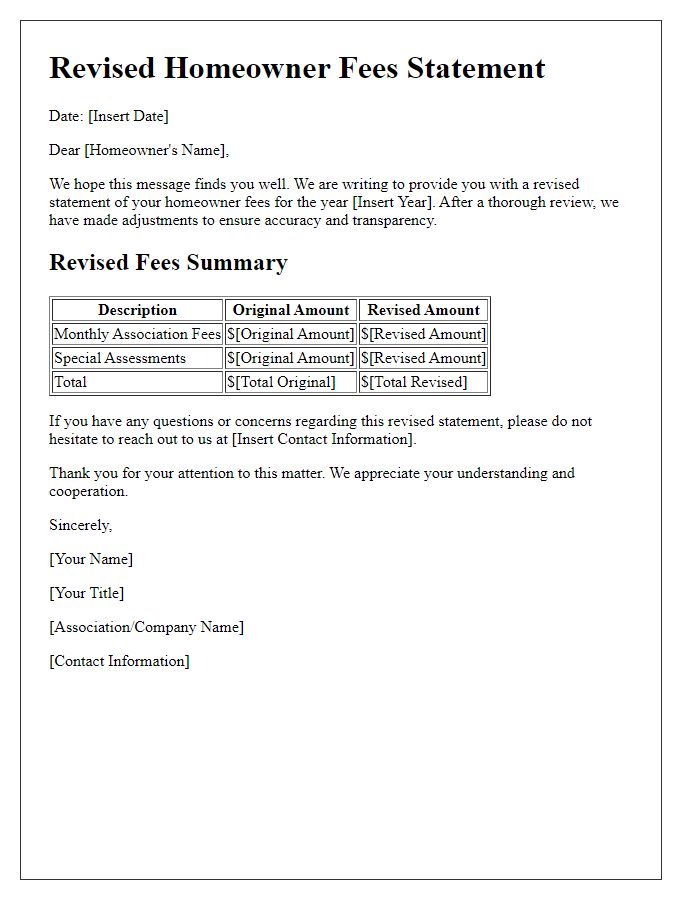 Letter template of revised homeowner fees statement