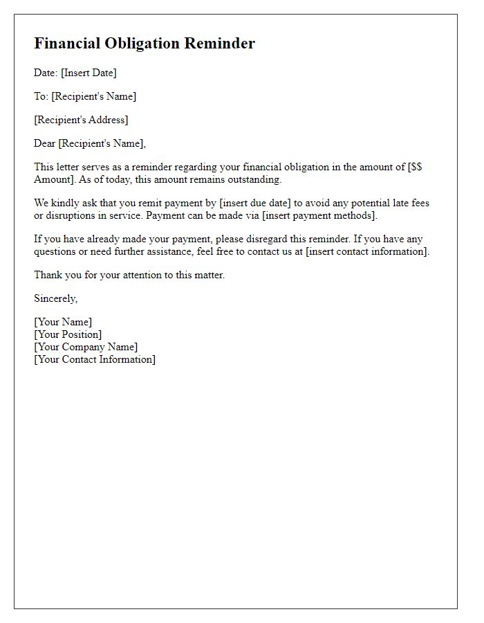 Letter template of financial obligation reminder