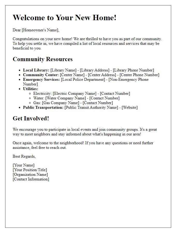 Letter template of community resources for new homeowners.