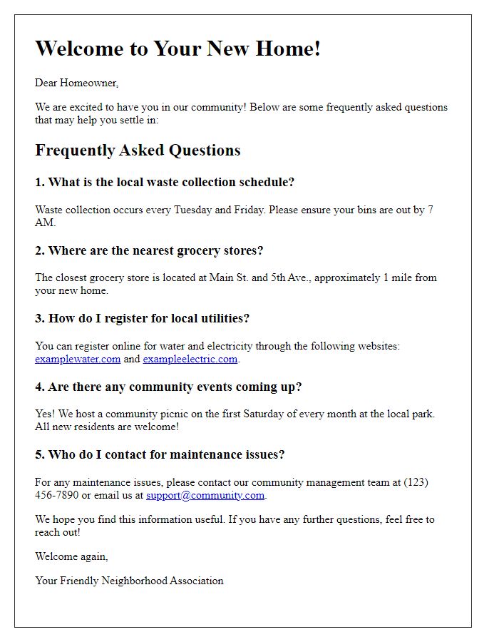 Letter template of FAQs for new homeowners in the area.