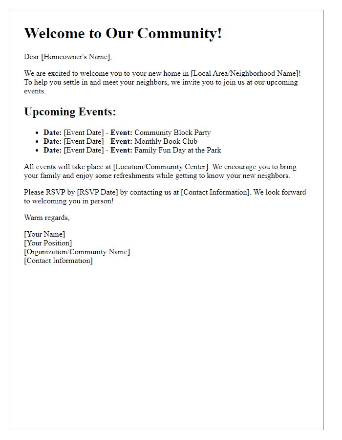 Letter template of inviting new homeowners to local events.