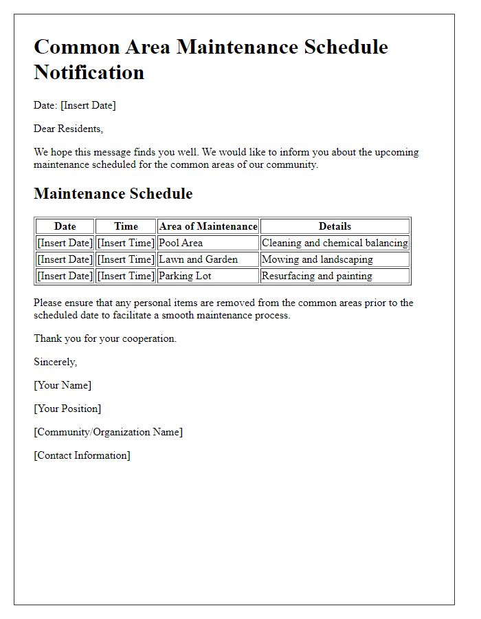 Letter template of common area maintenance schedule