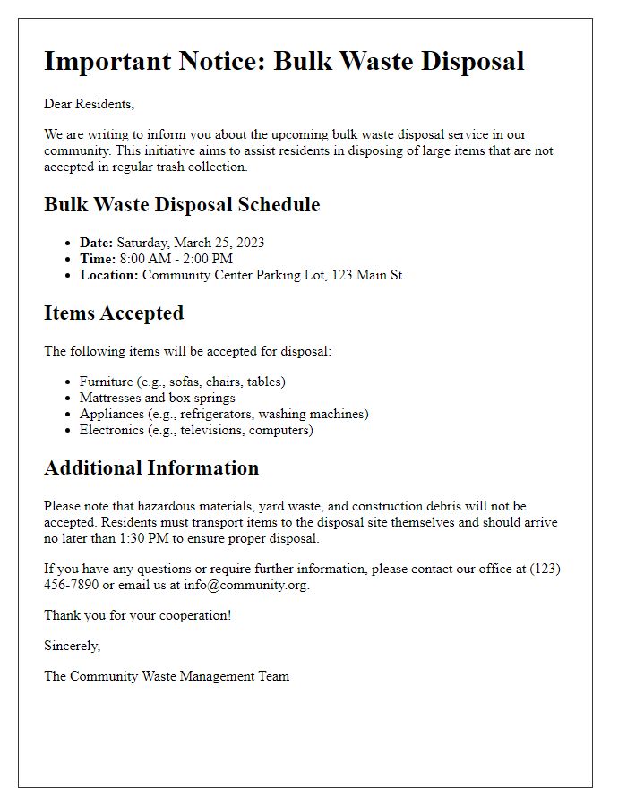 Letter template of bulk waste disposal information