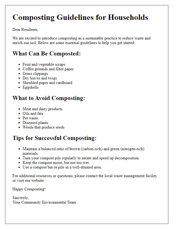 Letter template of composting guidelines for households