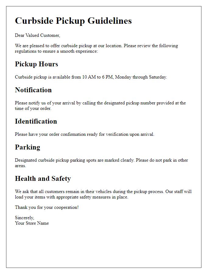 Letter template of curbside pickup regulations