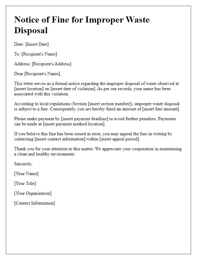 Letter template of fines for improper waste disposal