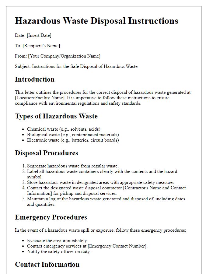 Letter template of hazardous waste disposal instructions