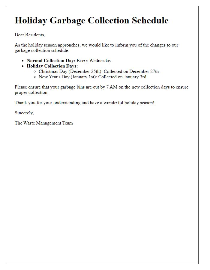 Letter template of holiday garbage collection schedule