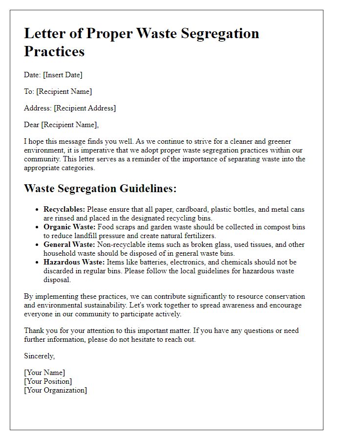 Letter template of proper waste segregation practices