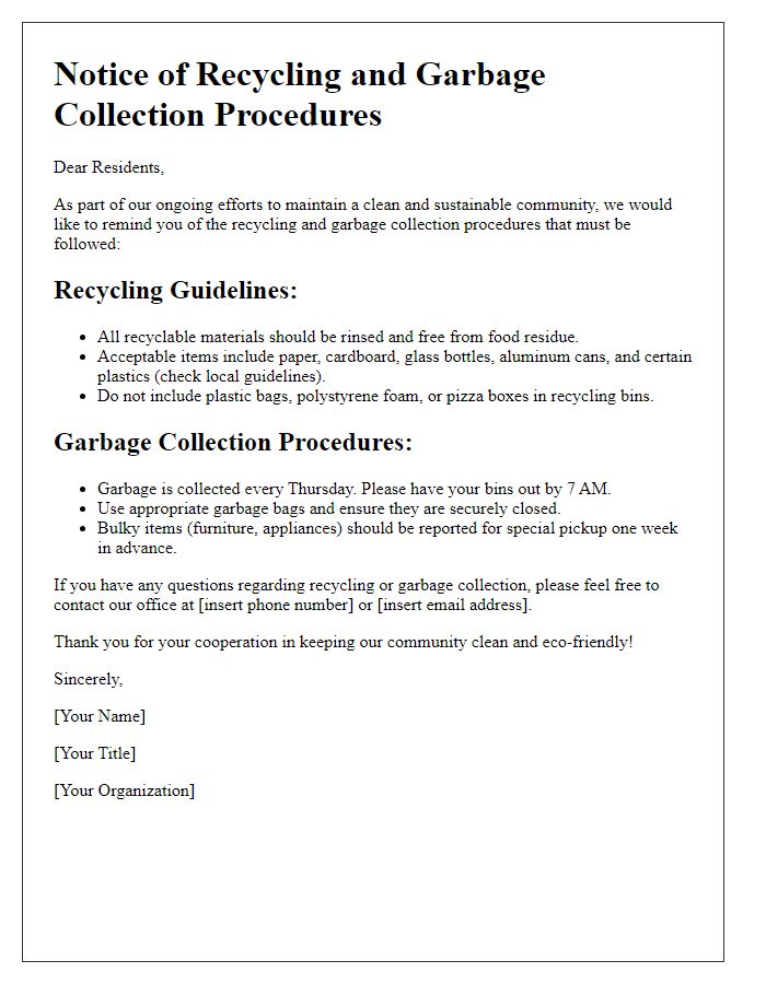 Letter template of recycling and garbage collection procedures