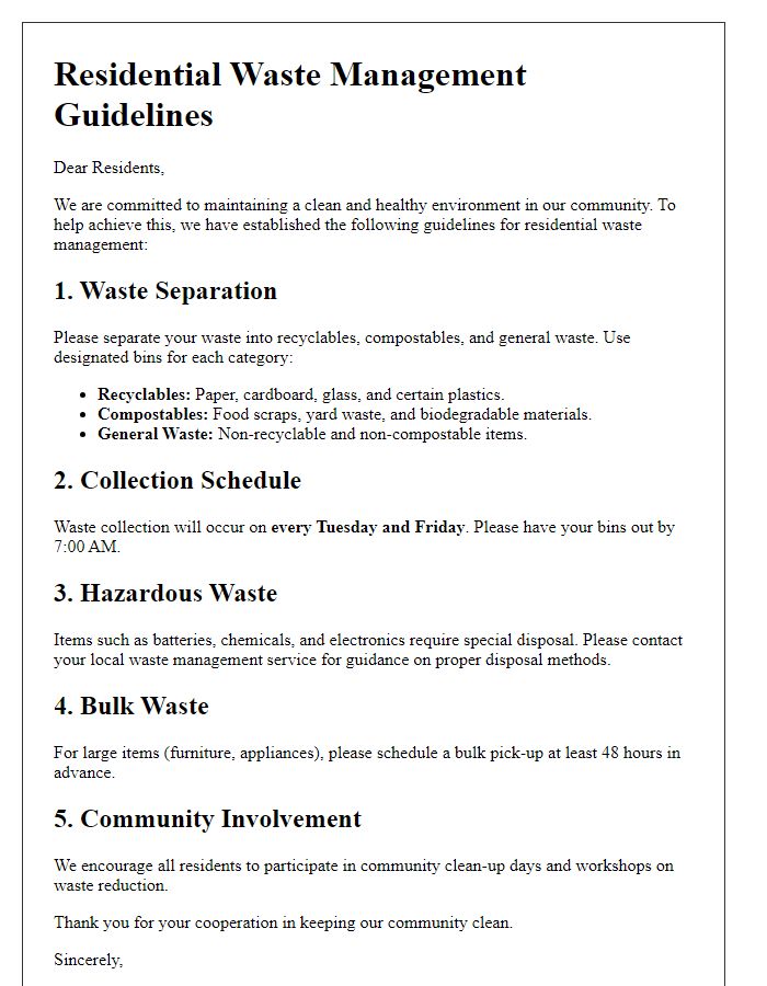 Letter template of residential waste management guidelines