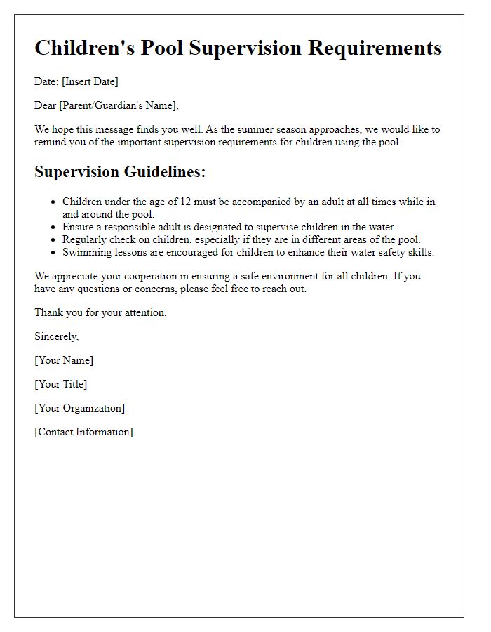 Letter template of children's pool supervision requirements.