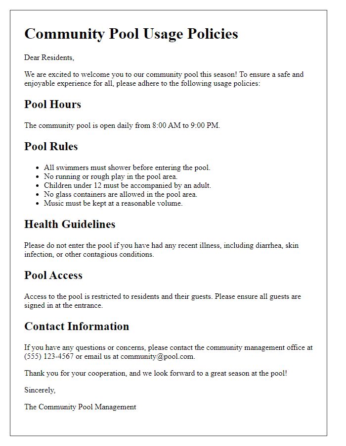 Letter template of community pool usage policies.